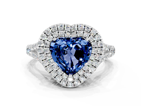 White gold Heart Cut Blue Sapphire Pavé Split Shank Double Halo Engagement Ring