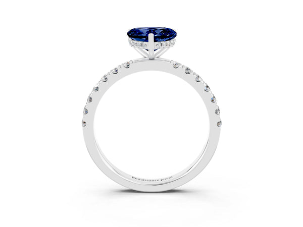Platinum Heart Cut Blue Sapphire Pave Band Solitaire Ring with Round  and Prong Setting