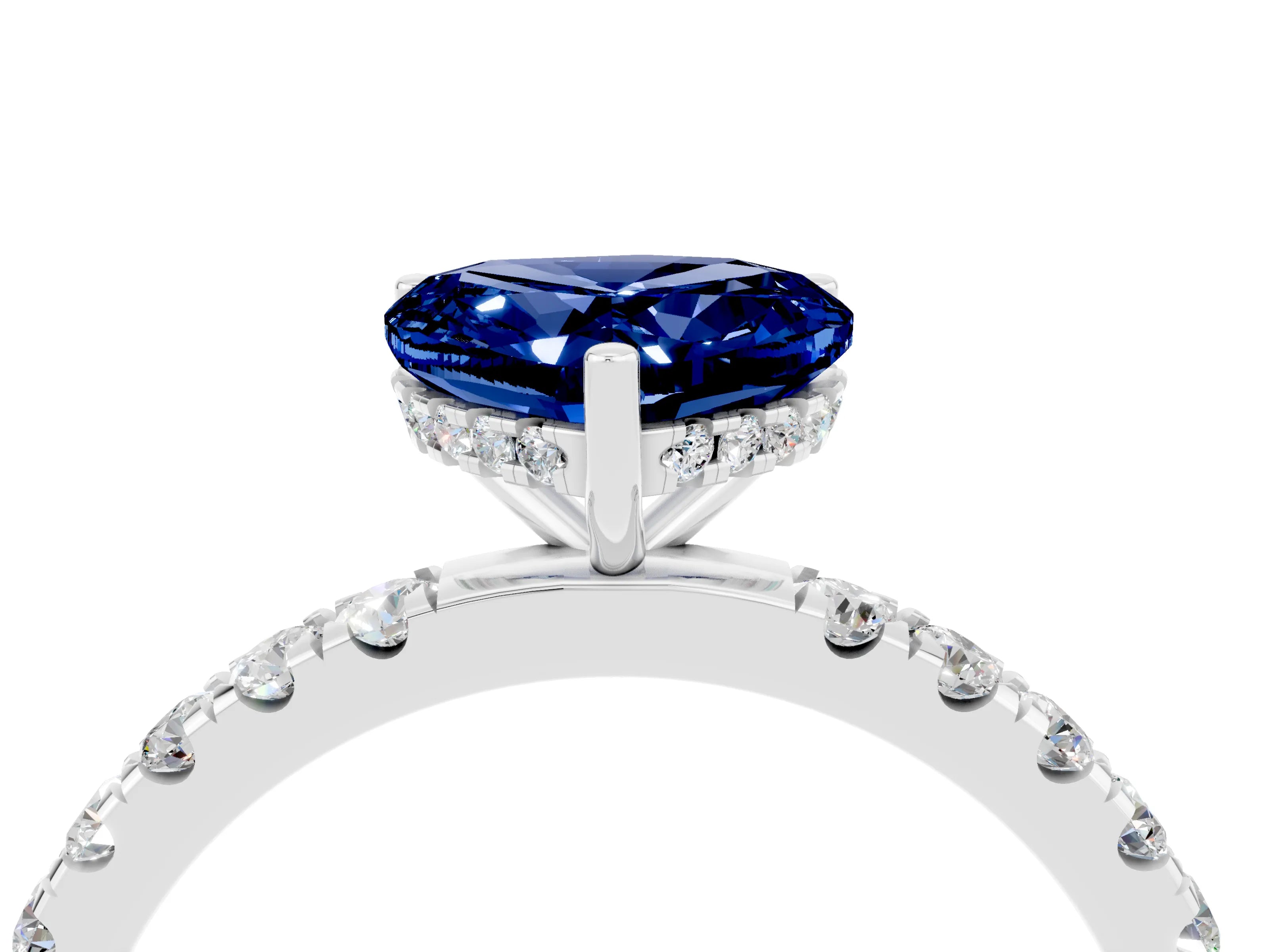 White gold Heart Cut Blue Sapphire Pave Band Solitaire Ring with Four-Prong Setting_28