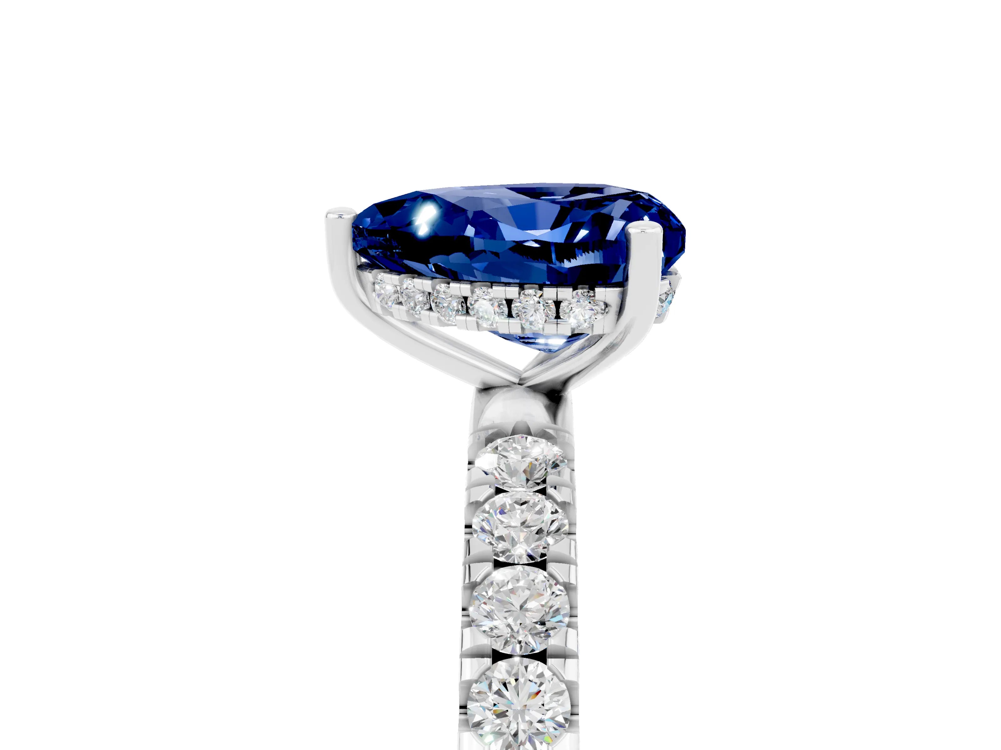 White gold Heart Cut Blue Sapphire Pave Band Solitaire Ring with Four-Prong Setting_29