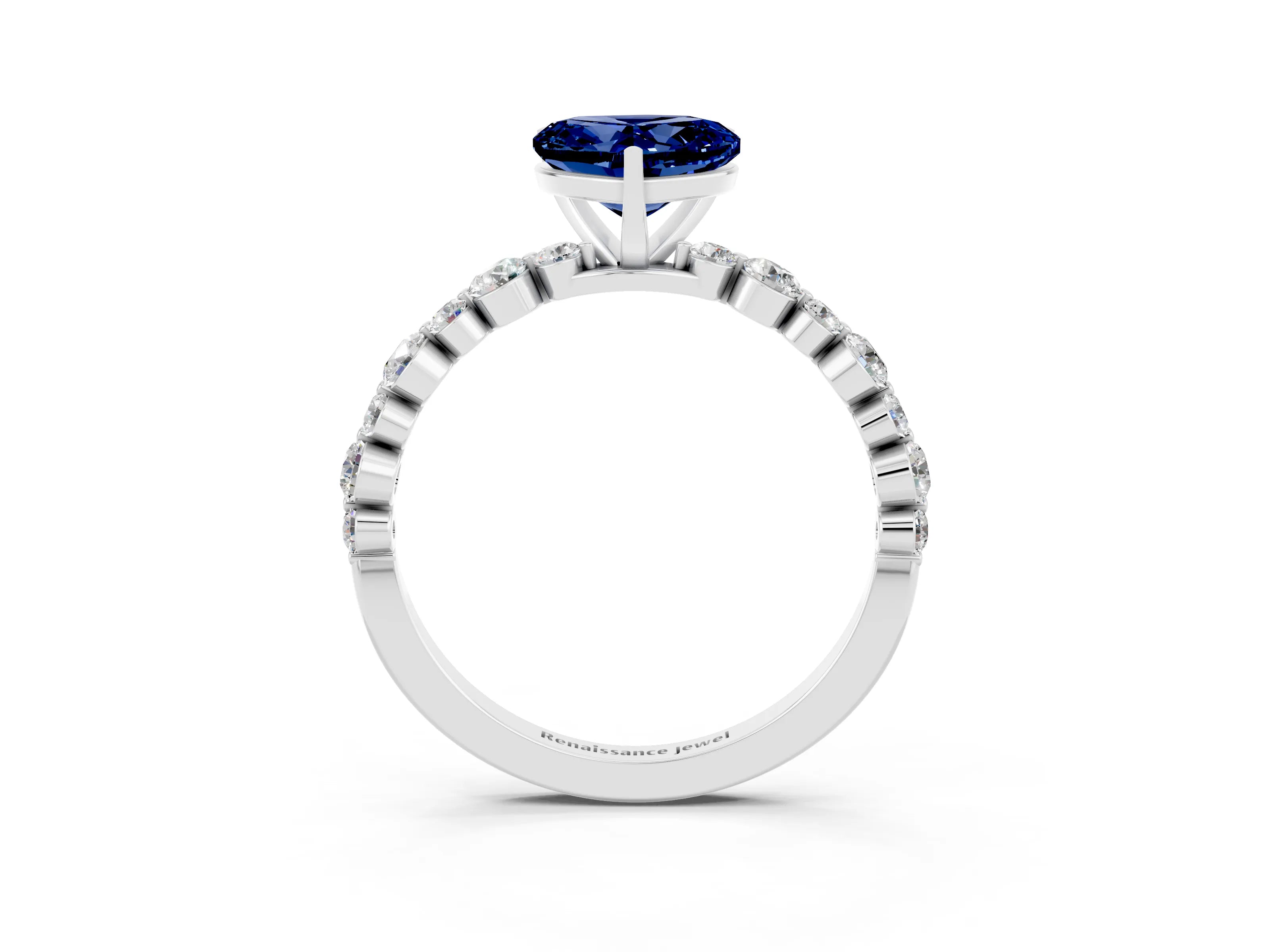 White gold Heart Cut Blue Sapphire Prong Set Engagement Ring with Pavé Band_3