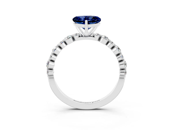 White gold Heart Cut Blue Sapphire Prong Set Engagement Ring with Pavé Band