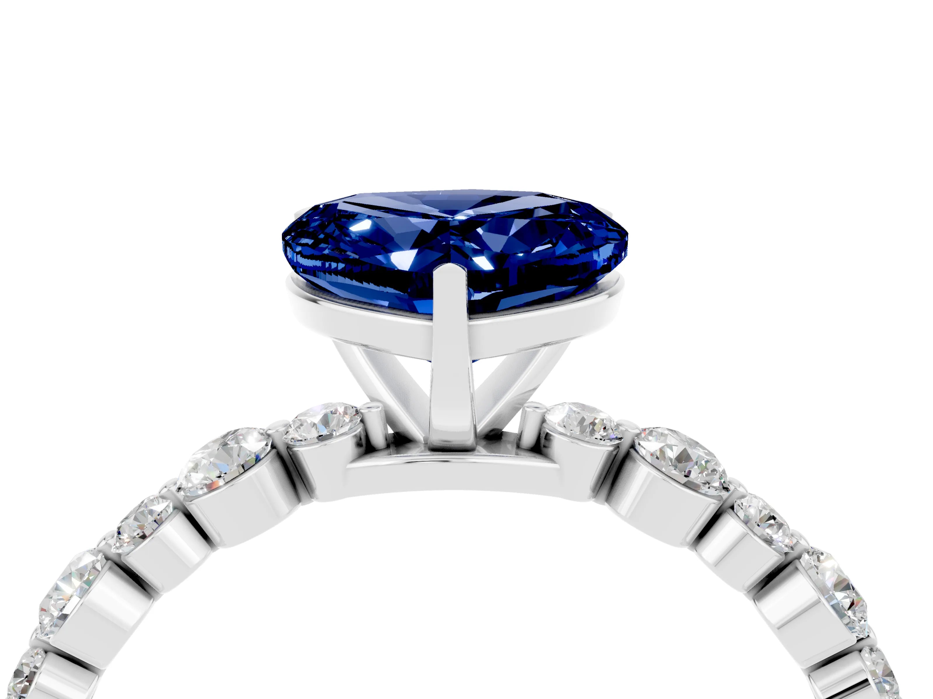 White gold Heart Cut Blue Sapphire Prong Set Engagement Ring with Pavé Band_4