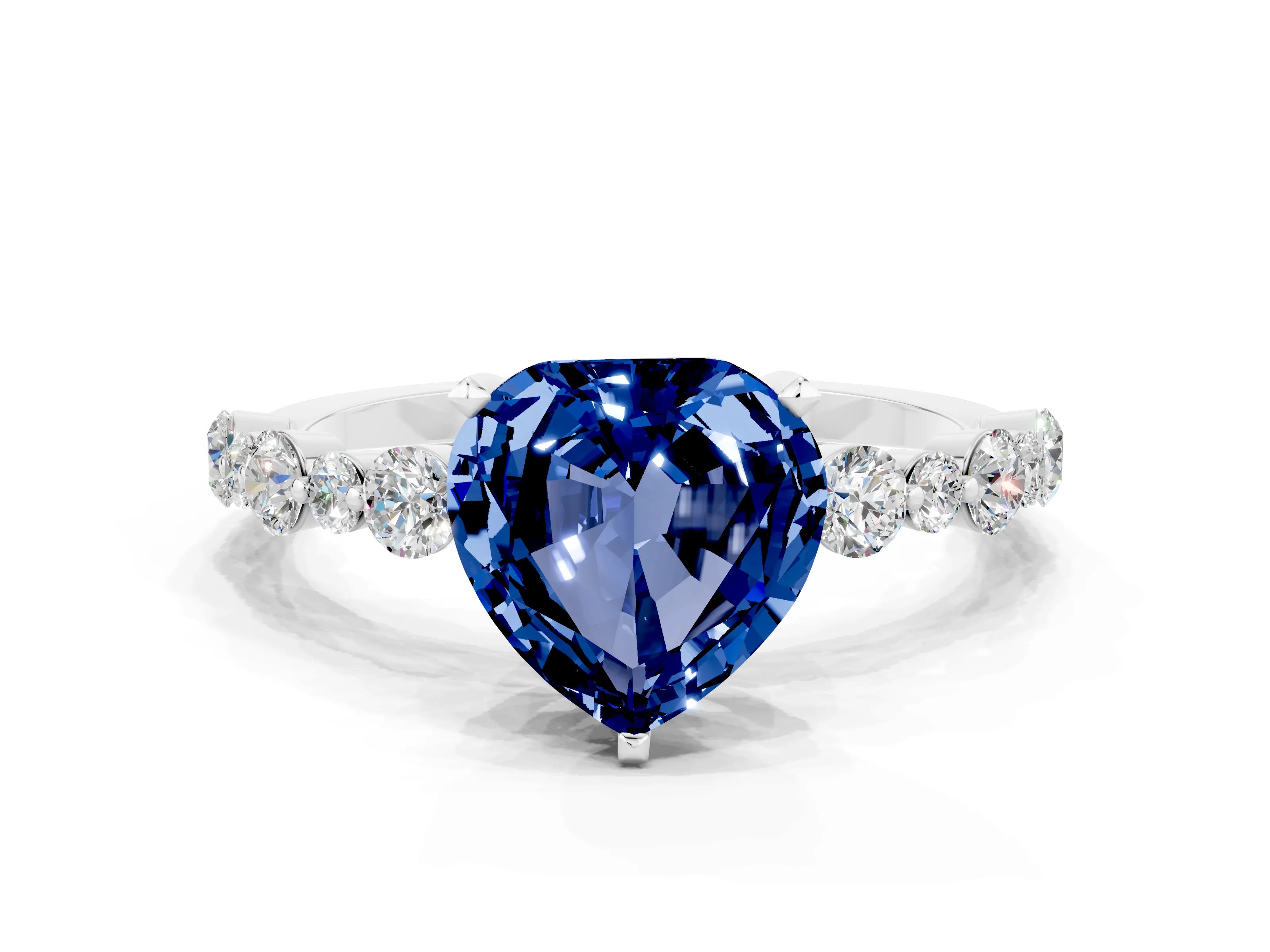 White gold Heart Cut Blue Sapphire Prong Set Engagement Ring with Pavé Band