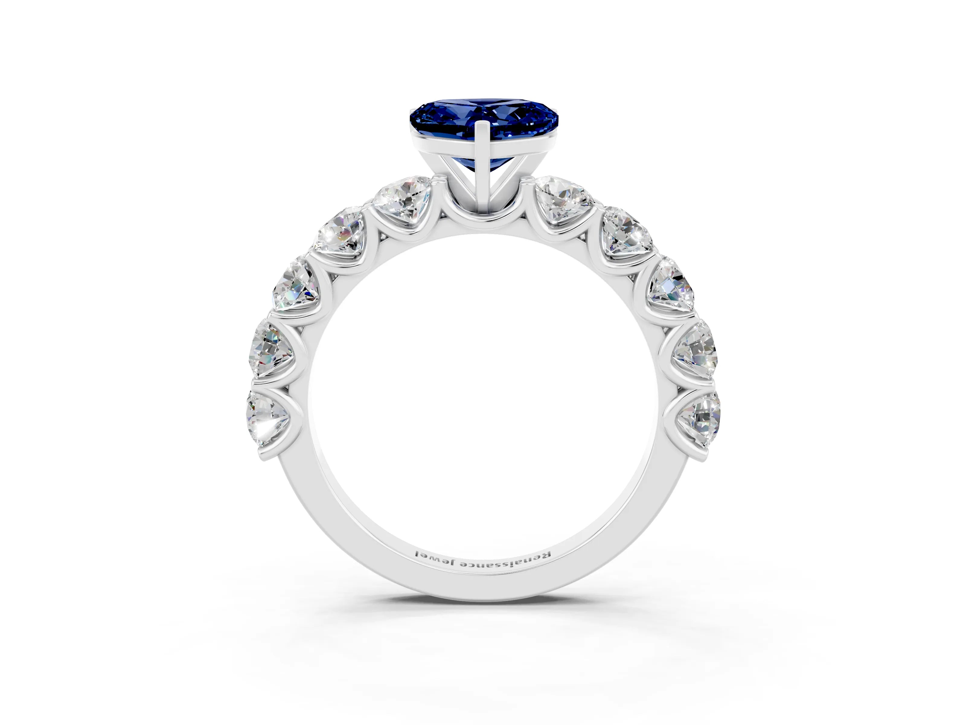White gold Heart Cut Blue Sapphire Prong Setting with Side Stones on a Pave Band_3