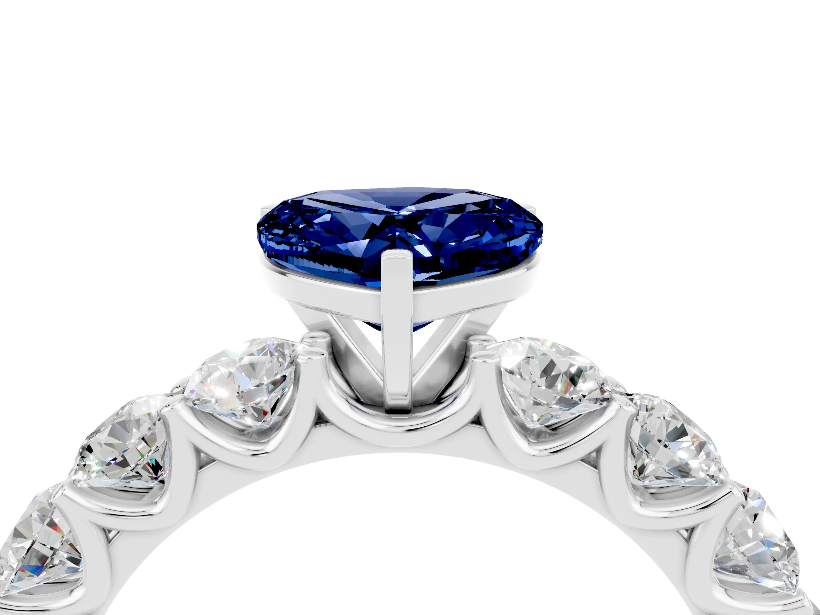 White gold Heart Cut Blue Sapphire Prong Setting with Side Stones on a Pave Band_4
