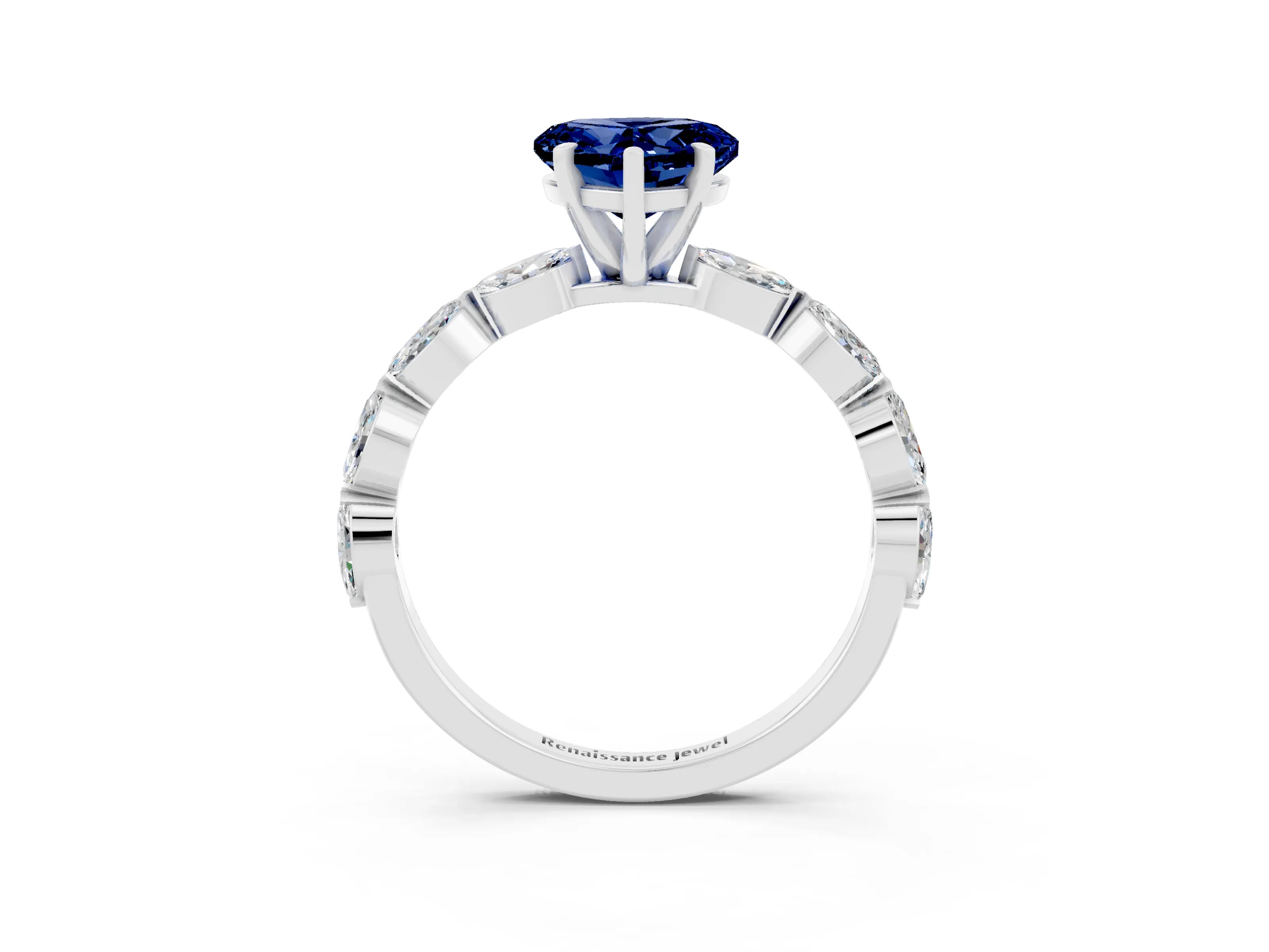 White gold Heart Cut Blue Sapphire Ring with Marquise Side Stones and Prong Setting_3