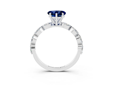 White gold Heart Cut Blue Sapphire Ring with Marquise Side Stones and Prong Setting_3