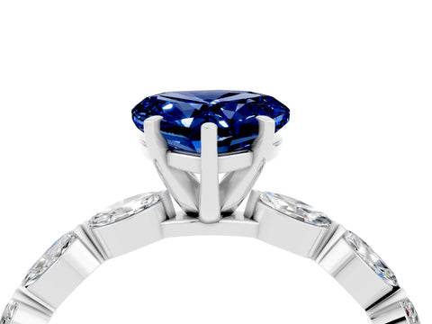White gold Heart Cut Blue Sapphire Ring with Marquise Side Stones and Prong Setting_4