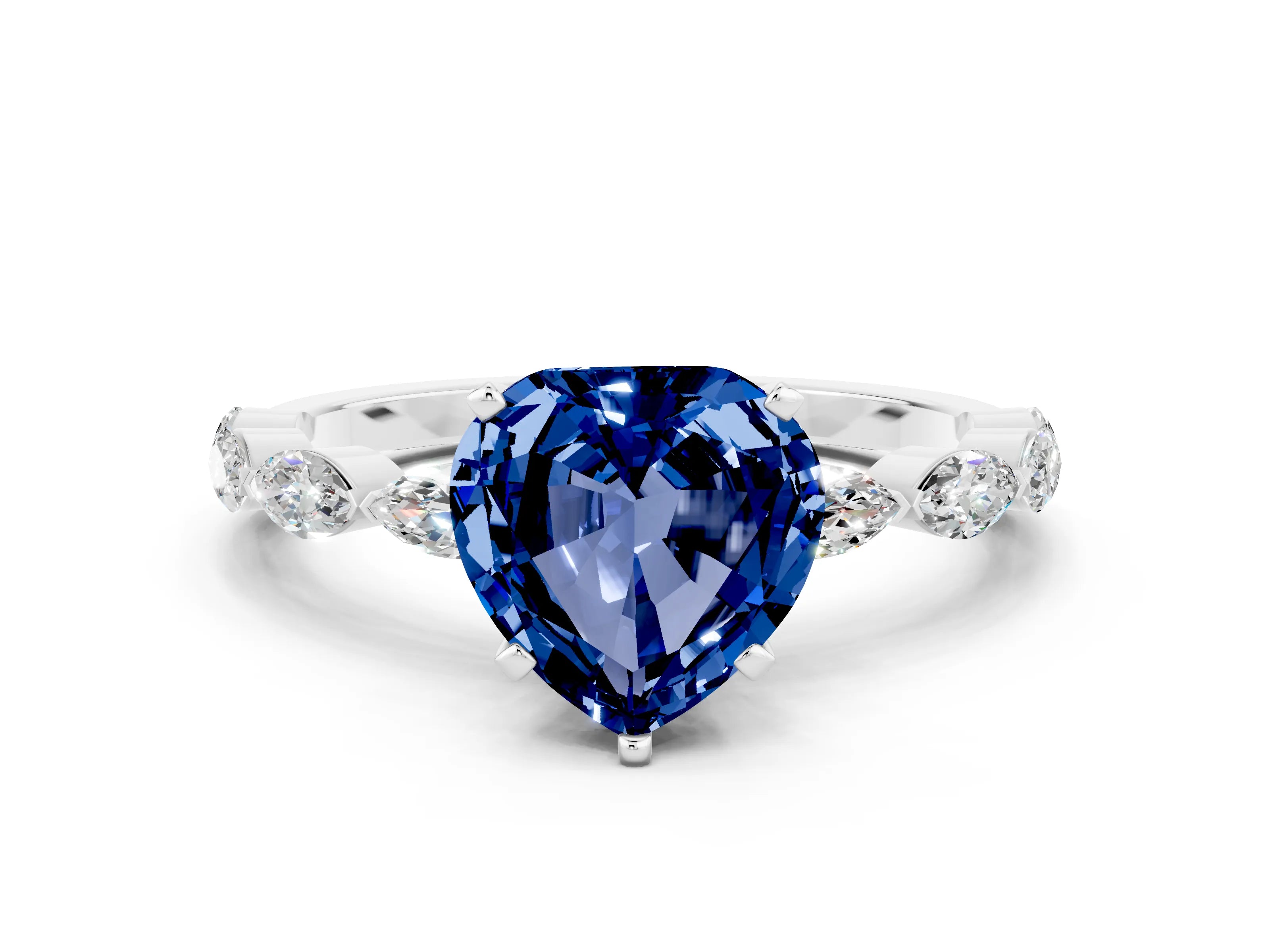 White gold Heart Cut Blue Sapphire Ring with Marquise Side Stones and Prong Setting