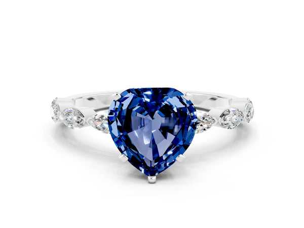 White gold Heart Cut Blue Sapphire Ring with Marquise Side Stones and Prong Setting