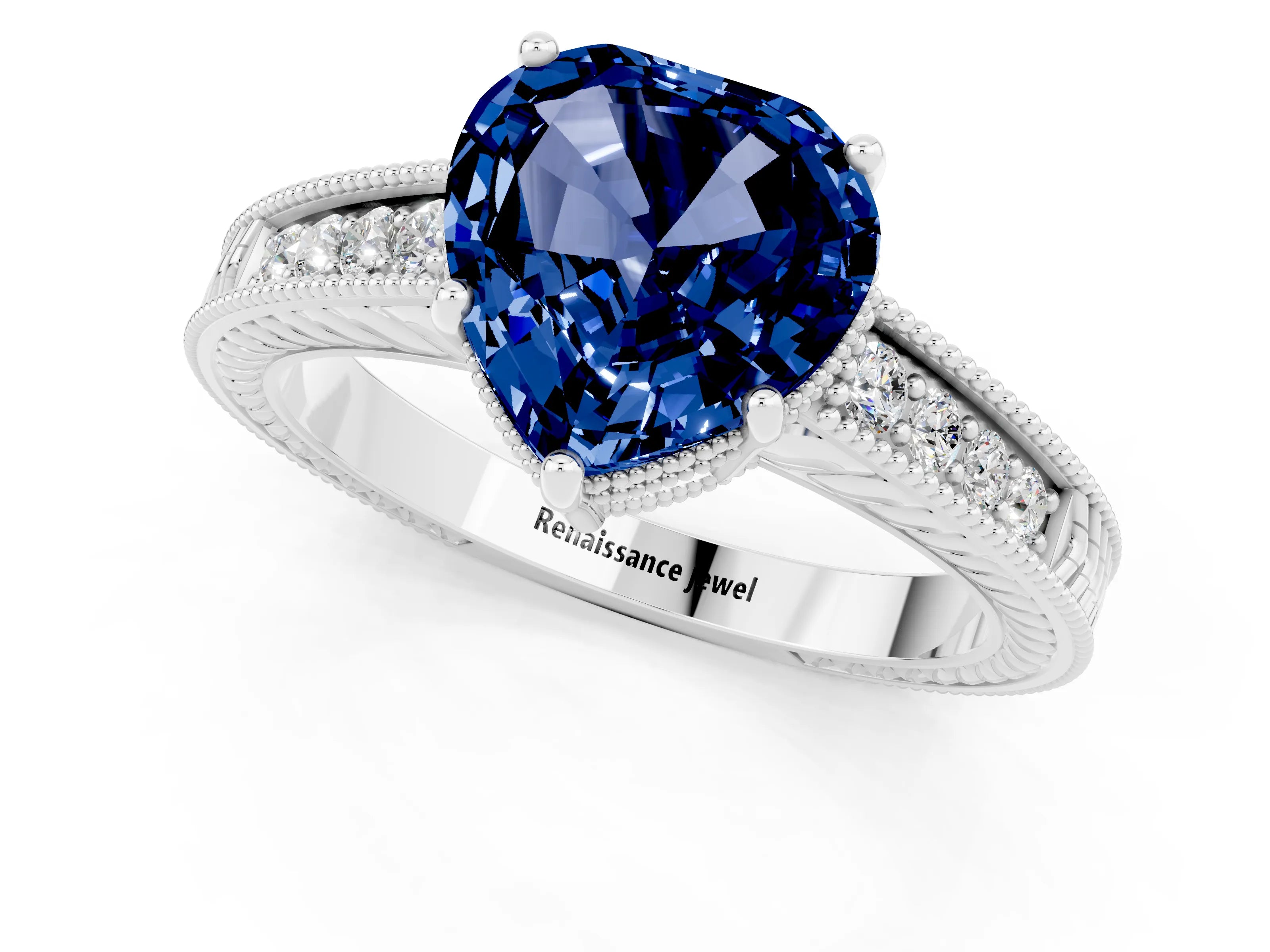 White gold Heart Cut Blue Sapphire Ring with Milgrain Pavé Band and Four-Prong Setting_13