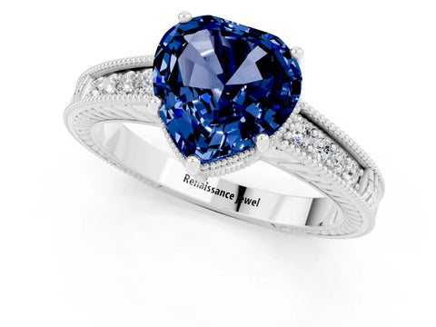 White gold Heart Cut Blue Sapphire Ring with Milgrain Pavé Band and Four-Prong Setting_13