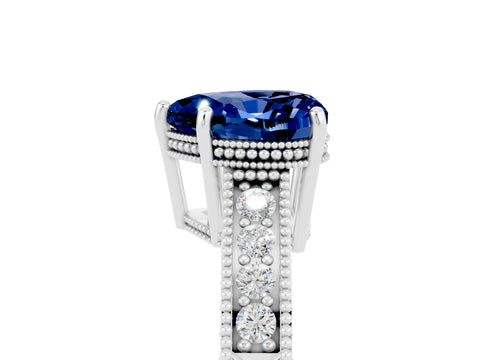 White gold Heart Cut Blue Sapphire Ring with Milgrain Pavé Band and Four-Prong Setting_17