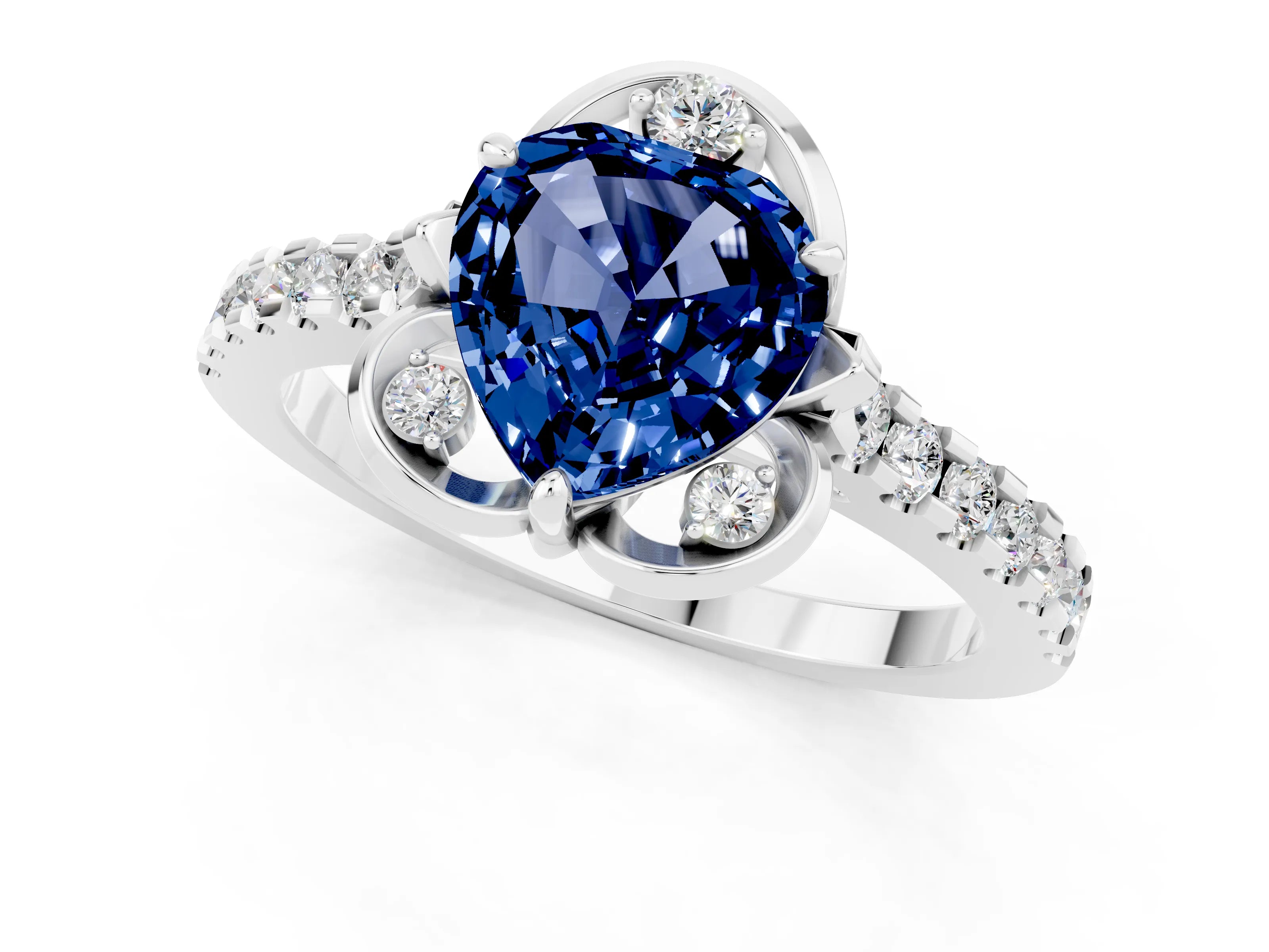 White gold Heart Cut Blue Sapphire Ring with Pavé Band and Floral Prong Setting_1