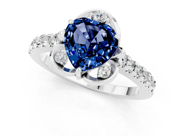 Silver Heart Cut Blue Sapphire Ring with Pavé Band and Floral Prong Setting