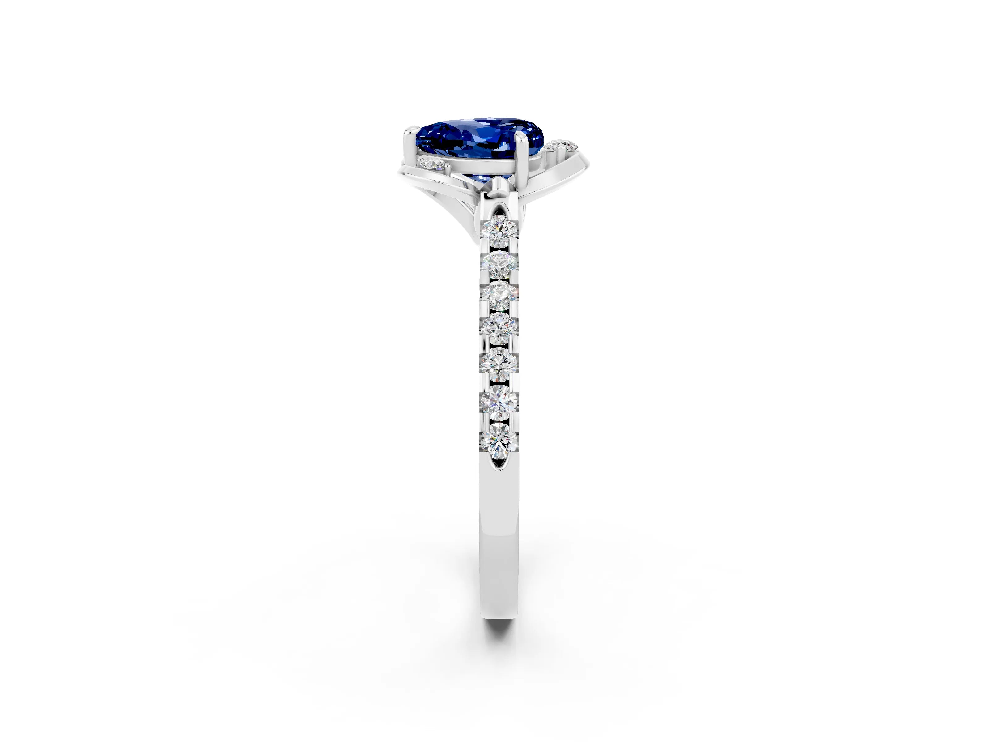 White gold Heart Cut Blue Sapphire Ring with Pavé Band and Floral Prong Setting_2