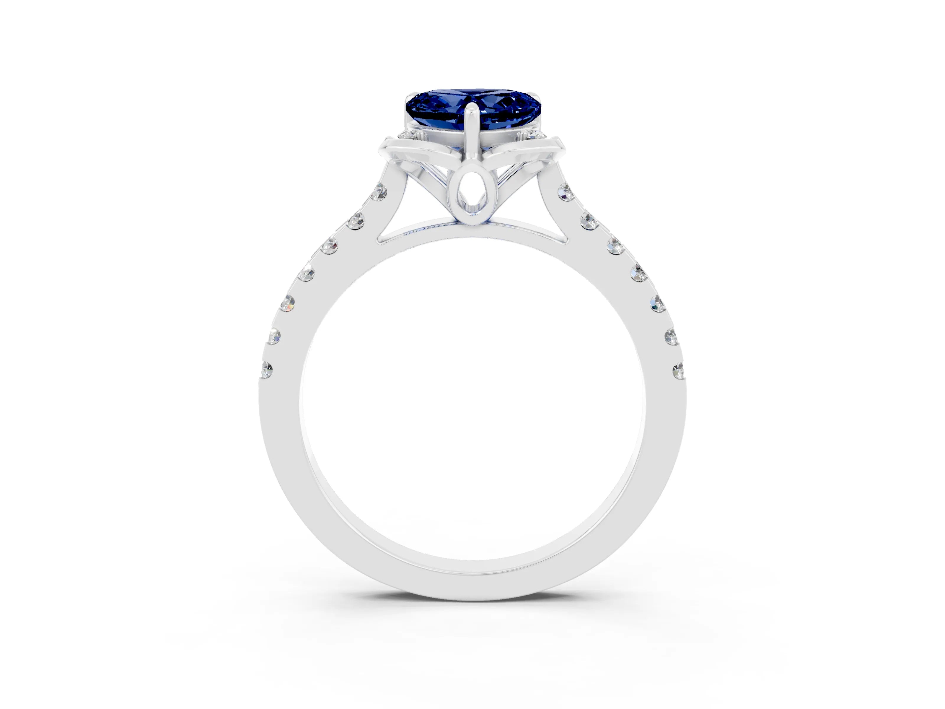 White gold Heart Cut Blue Sapphire Ring with Pavé Band and Floral Prong Setting_3