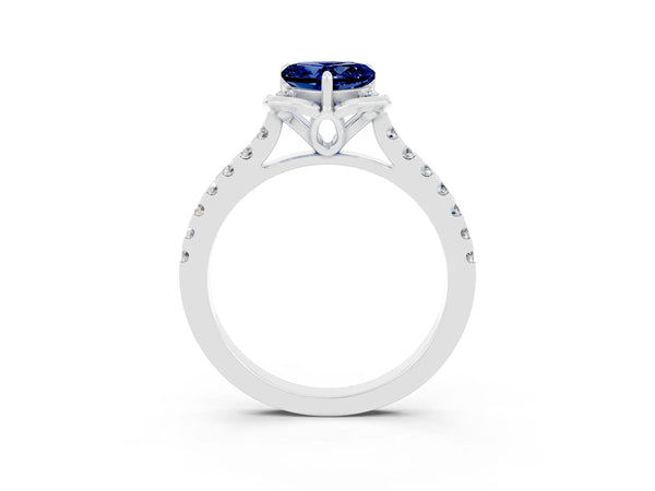 White gold Heart Cut Blue Sapphire Ring with Pavé Band and Floral Prong Setting