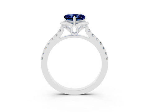 White gold Heart Cut Blue Sapphire Ring with Pavé Band and Floral Prong Setting_3