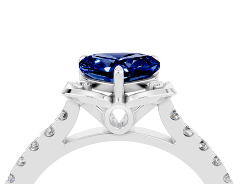 White gold Heart Cut Blue Sapphire Ring with Pavé Band and Floral Prong Setting_4