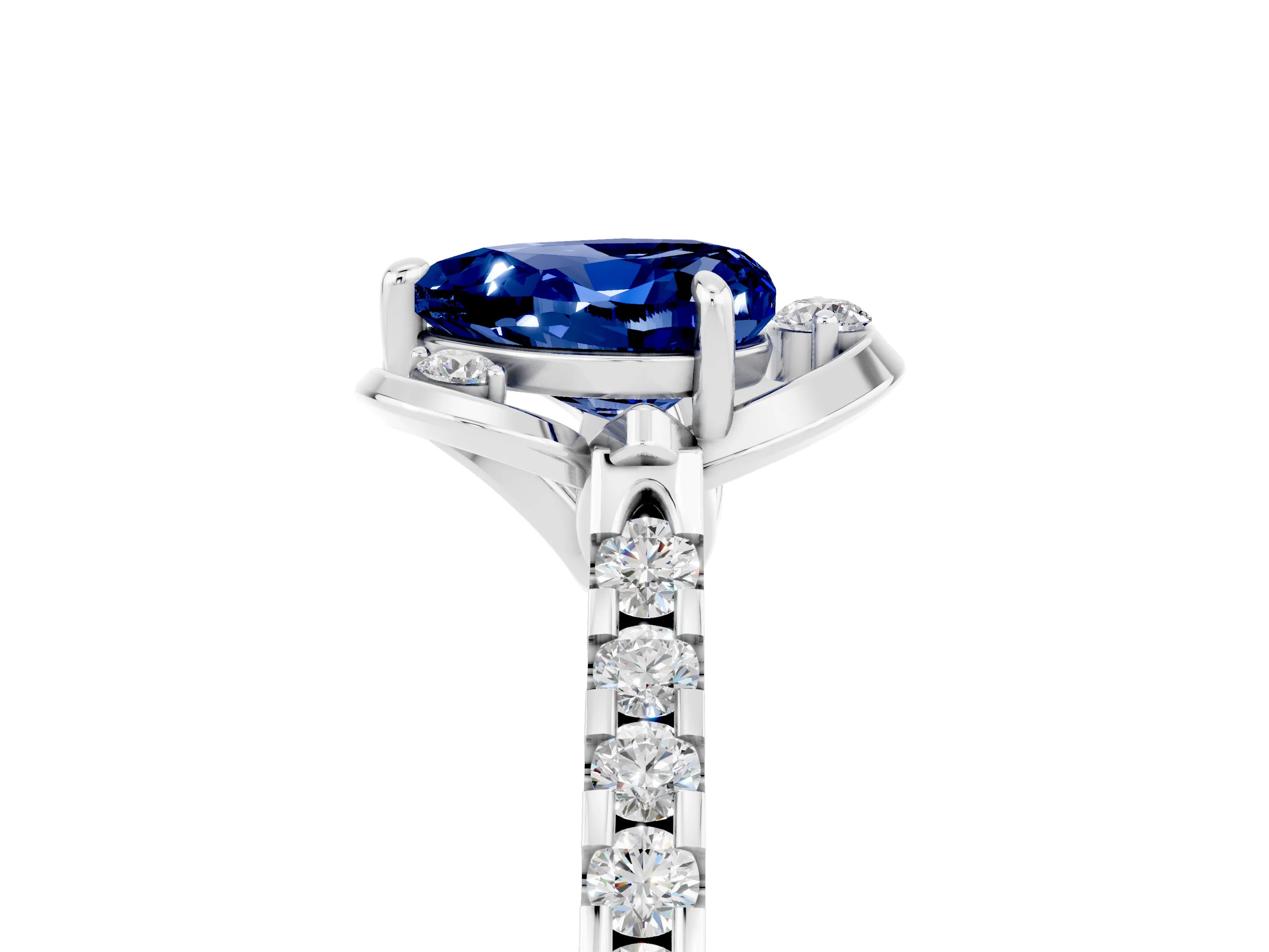 White gold Heart Cut Blue Sapphire Ring with Pavé Band and Floral Prong Setting_5
