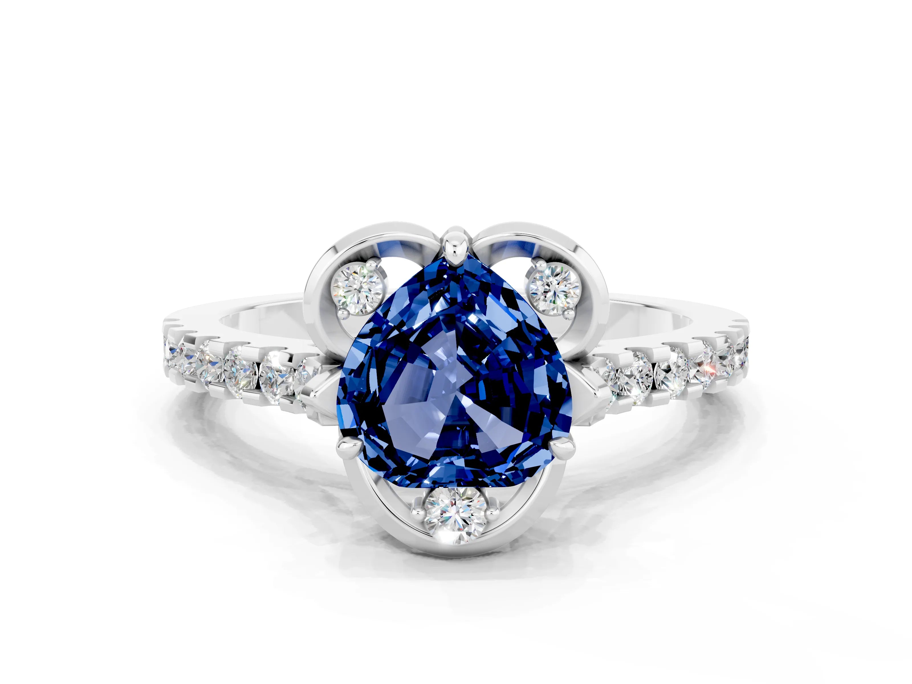 White gold Heart Cut Blue Sapphire Ring with Pavé Band and Floral Prong Setting