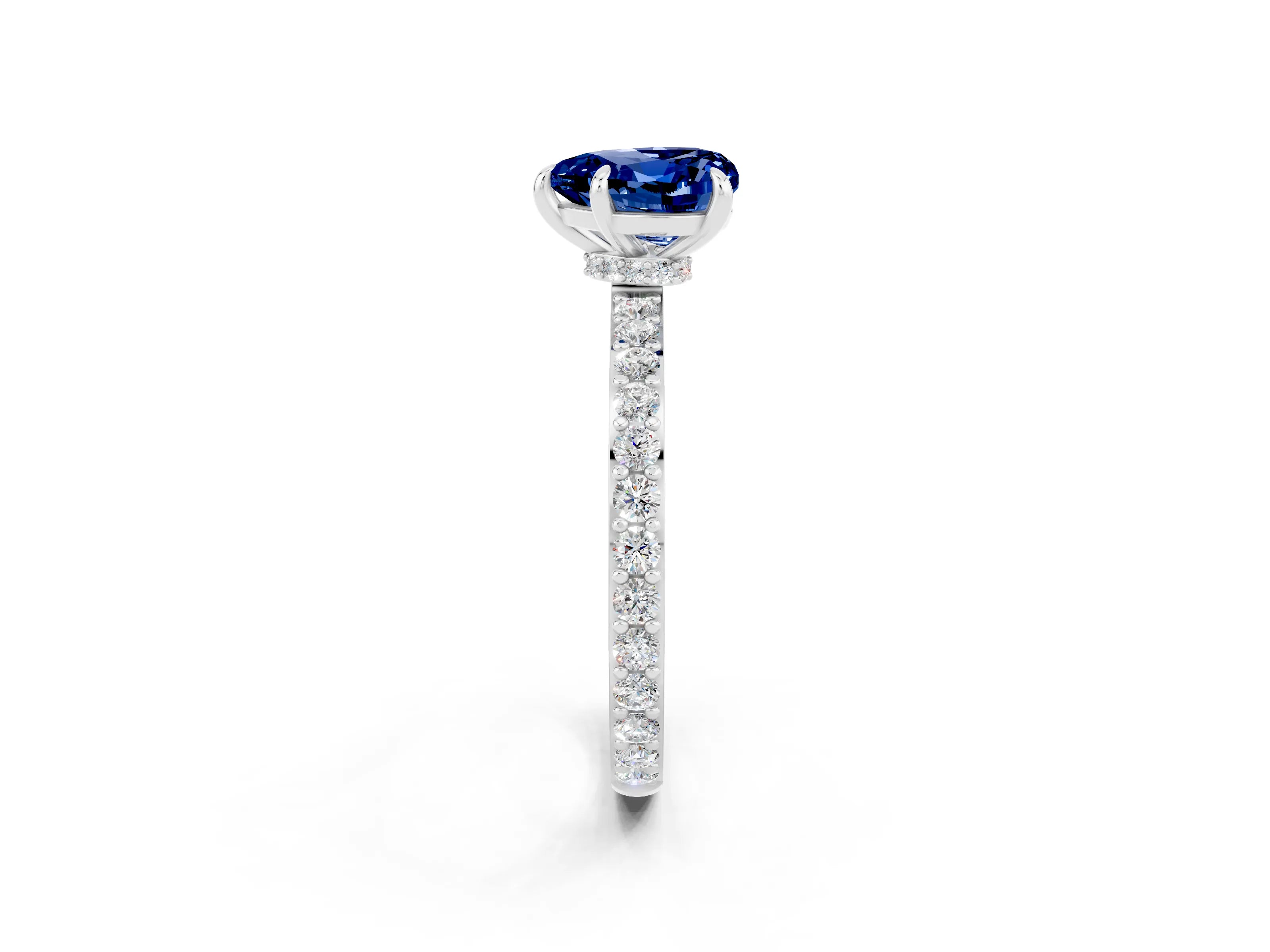 White gold Heart Cut Blue Sapphire Ring with Pavé Band and Four-Prong Setting_2