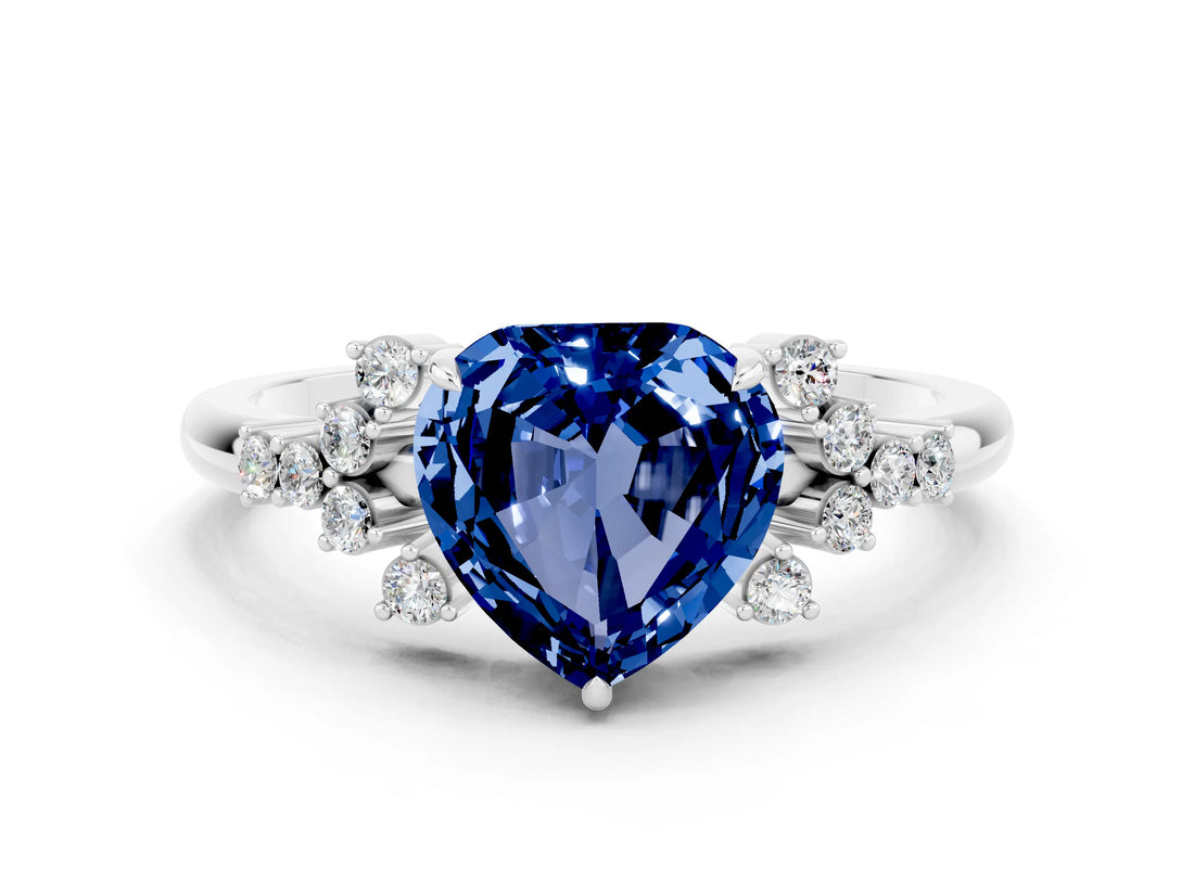 White gold Heart Cut Blue Sapphire Ring with Side Stones and Four-Prong Setting_36