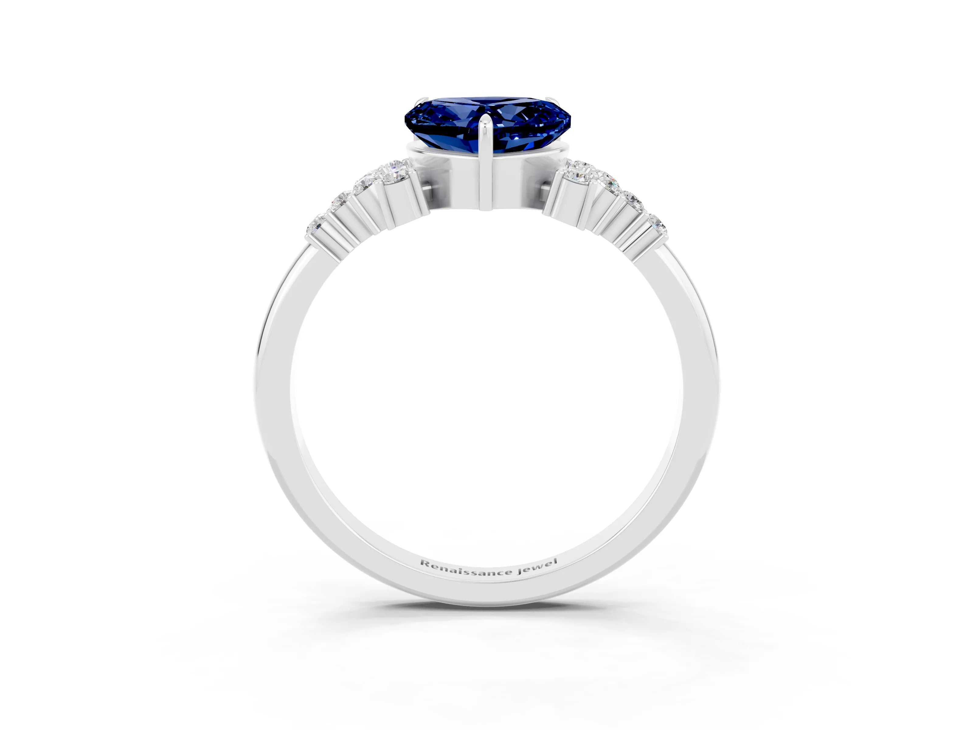 White gold Heart Cut Blue Sapphire Ring with Side Stones and Four-Prong Setting_39