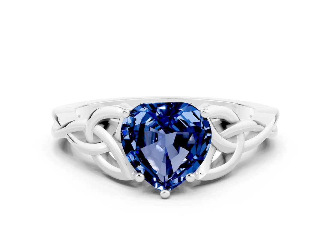 White gold Heart Cut Blue Sapphire Solitaire Celtic Knot Ring with Four-Prong Setting_12