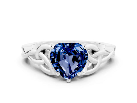 White gold Heart Cut Blue Sapphire Solitaire Celtic Knot Ring with Four-Prong Setting_12