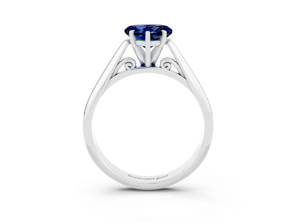 White gold Heart Cut Blue Sapphire Solitaire Engagement Ring with Cathedral Setting and Four-Prong Mount