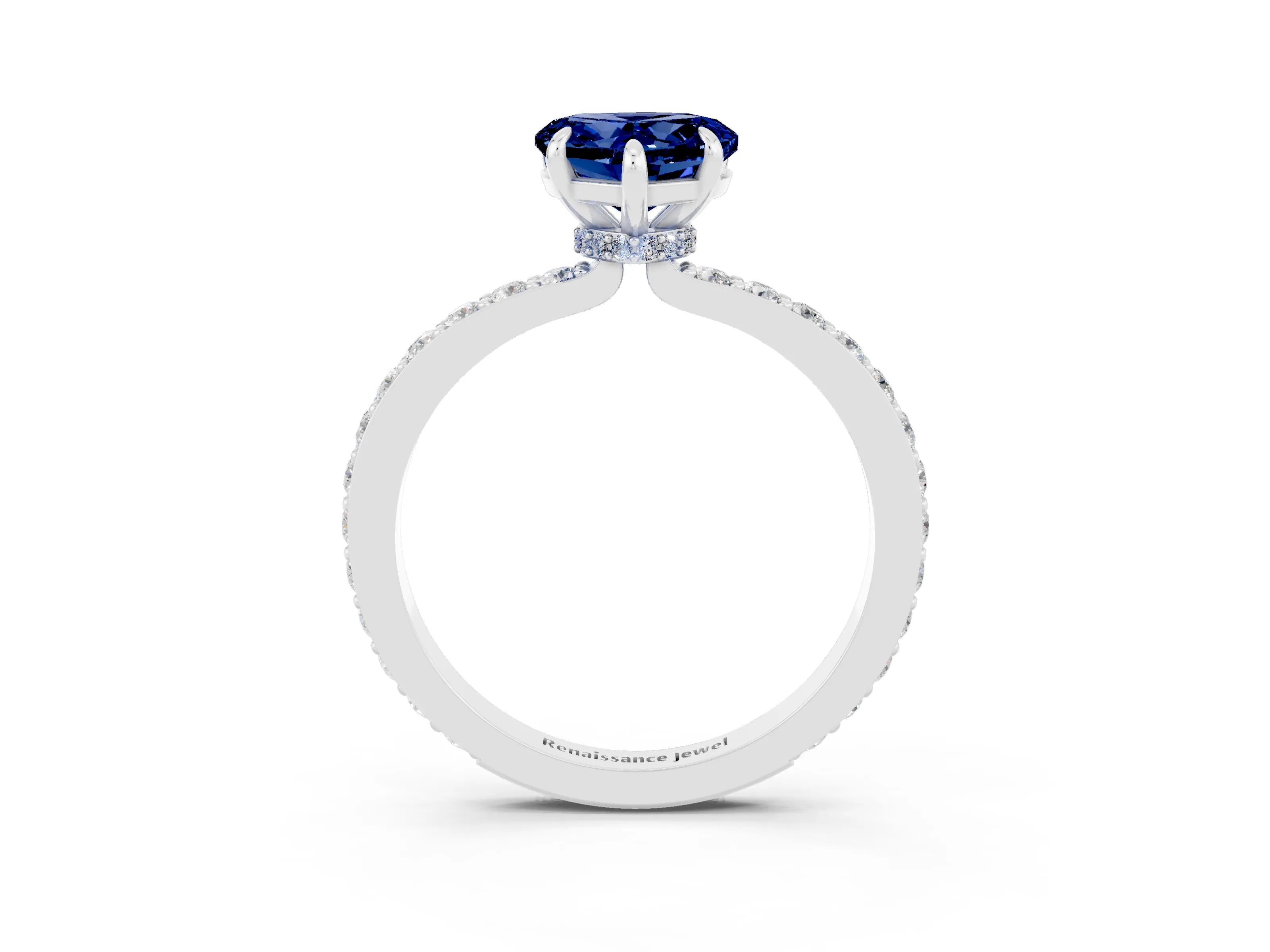 White gold Heart Cut Blue Sapphire Solitaire Engagement Ring with Pavé Band and Four-Prong Setting_3