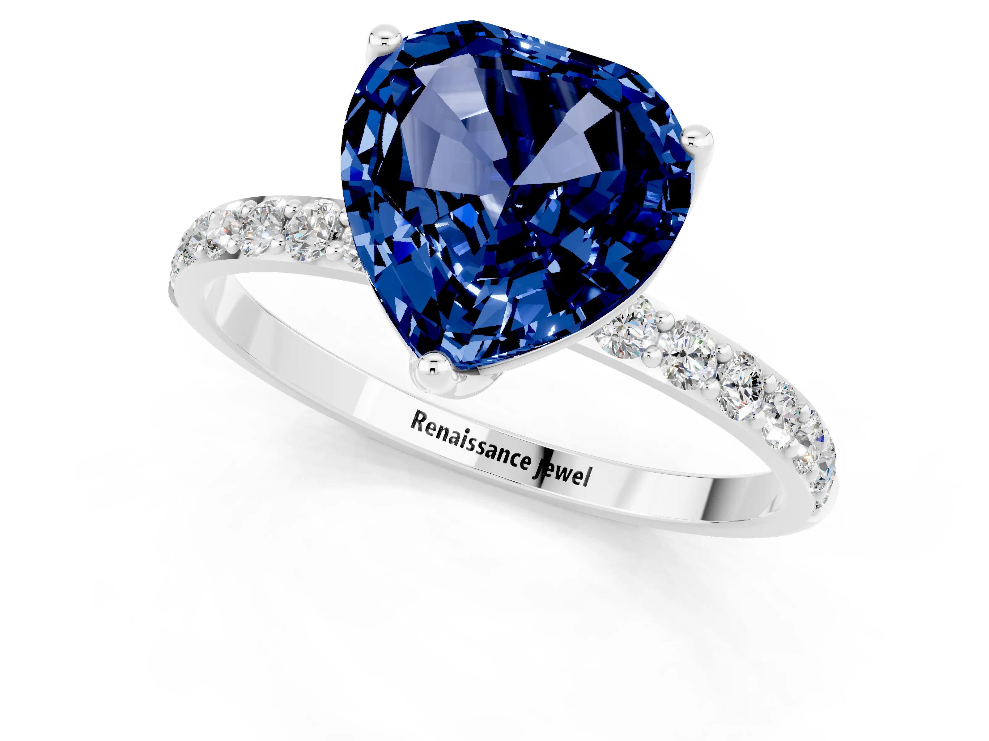 White gold Heart Cut Blue Sapphire Solitaire Engagement Ring with Pavé Band and Prong Setting_1