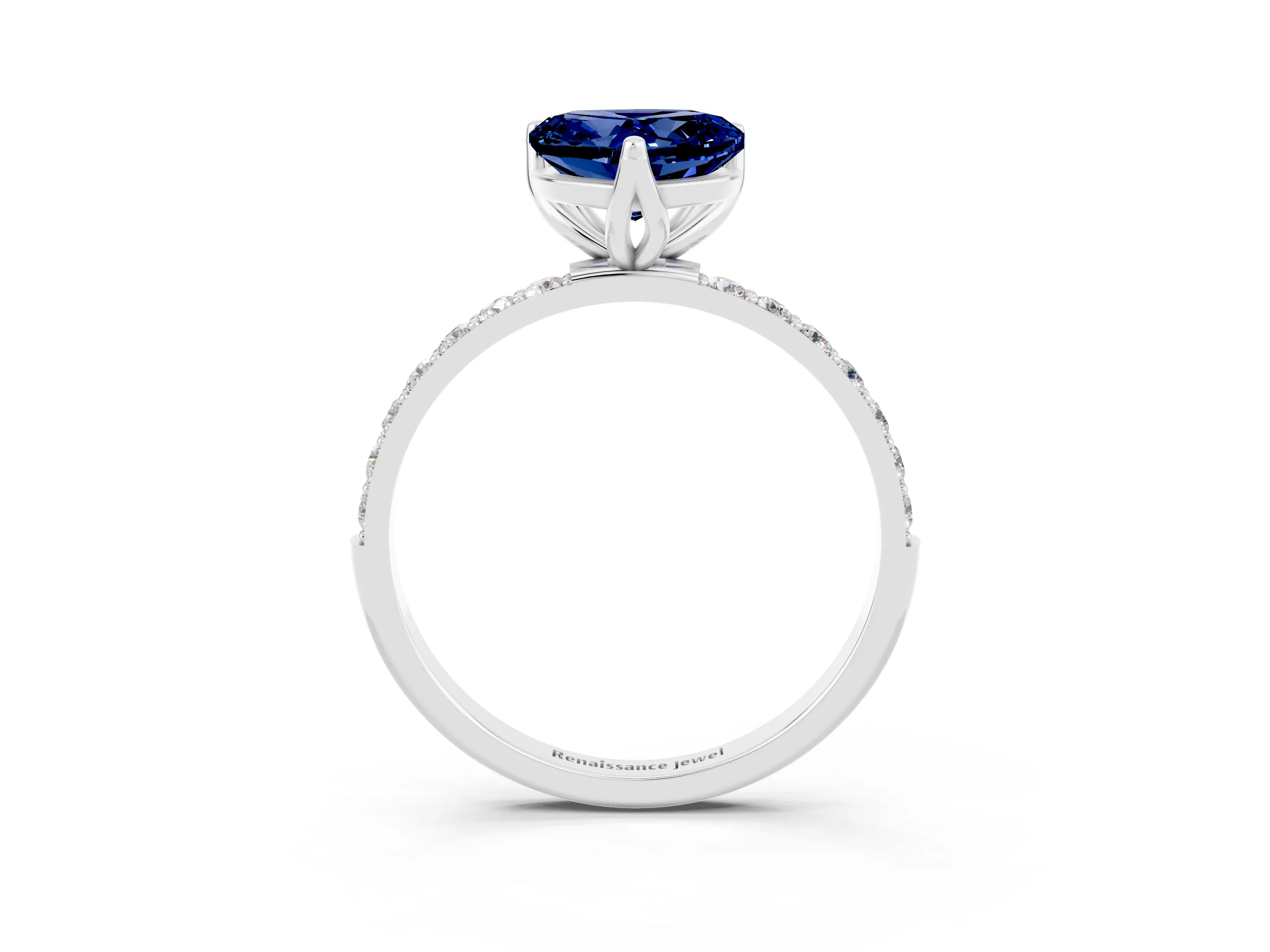 White gold Heart Cut Blue Sapphire Solitaire Engagement Ring with Pavé Band and Prong Setting_3