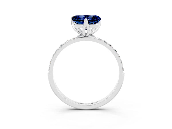 White gold Heart Cut Blue Sapphire Solitaire Engagement Ring with Round  Pavé Band and Prong Setting