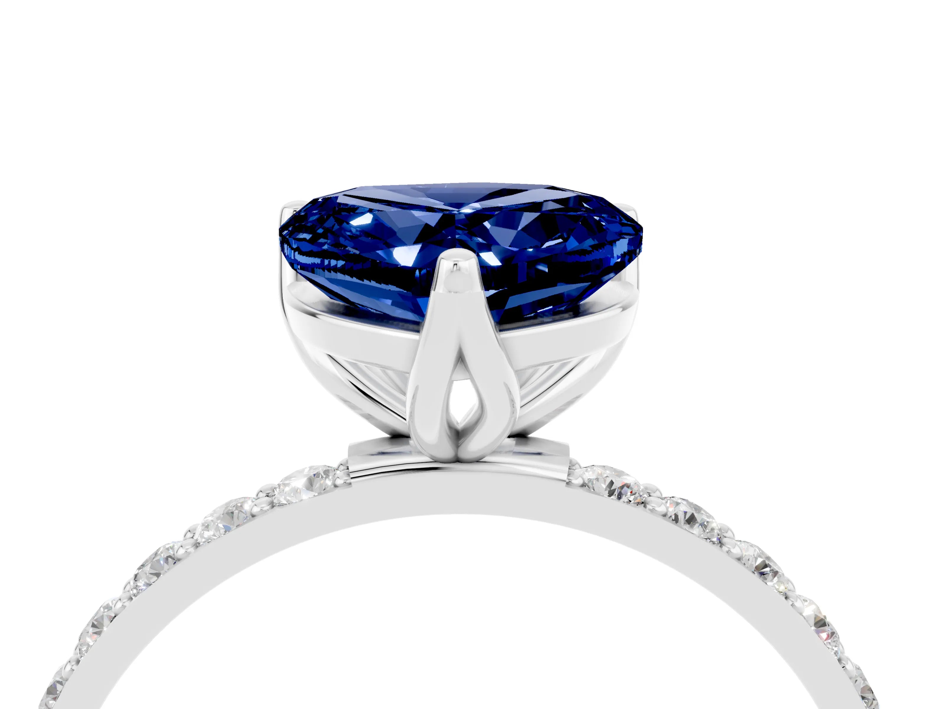 White gold Heart Cut Blue Sapphire Solitaire Engagement Ring with Pavé Band and Prong Setting_4