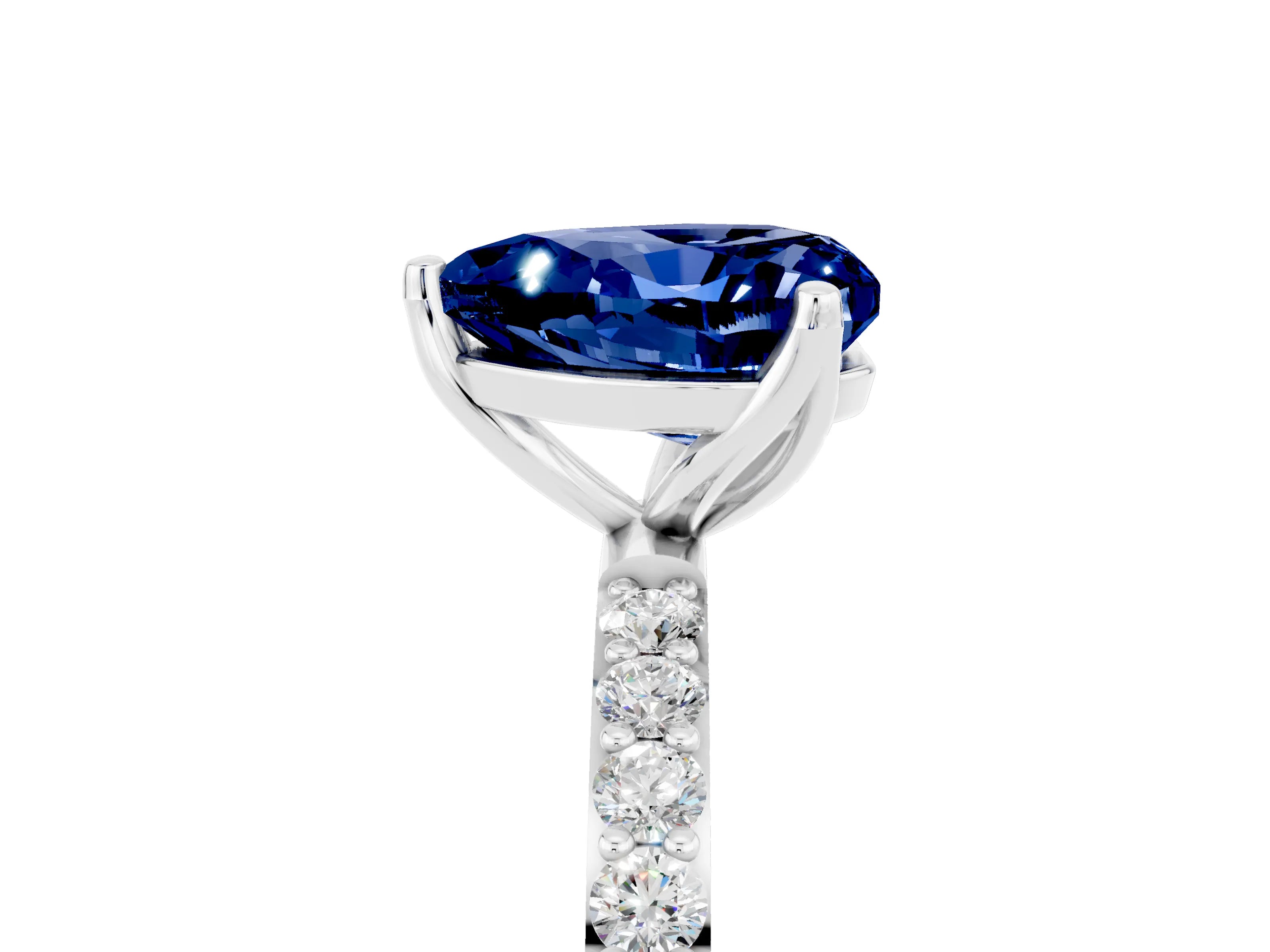White gold Heart Cut Blue Sapphire Solitaire Engagement Ring with Pavé Band and Prong Setting_5