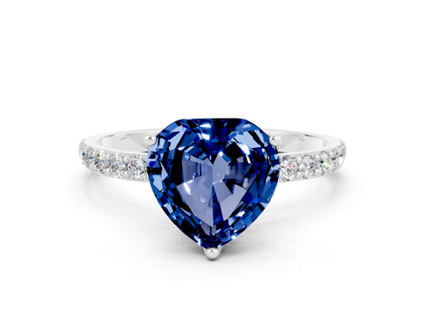 White gold Heart Cut Blue Sapphire Solitaire Engagement Ring with Pavé Band and Prong Setting