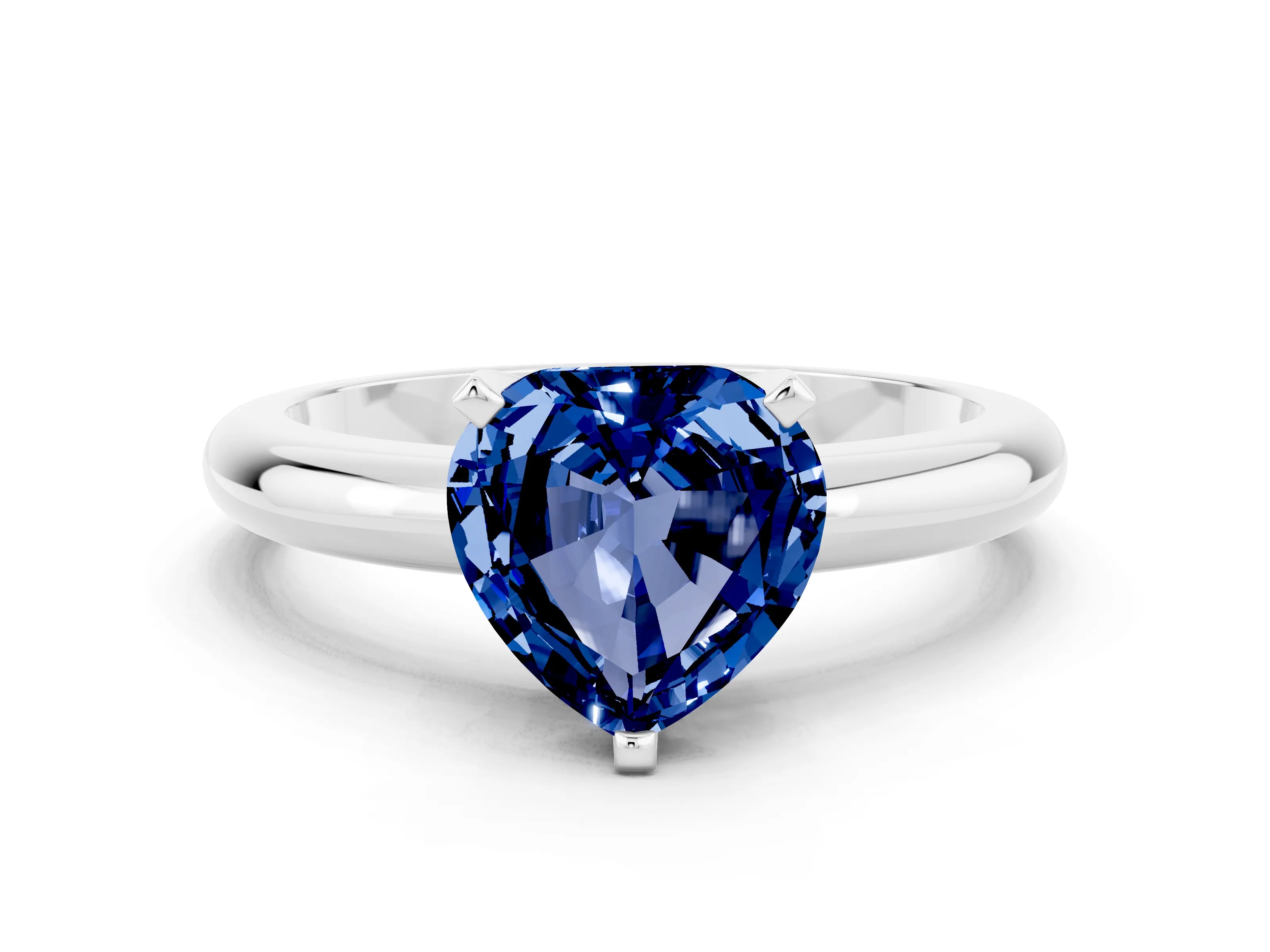 White gold Heart Cut Blue Sapphire Solitaire Engagement Ring with Round Band and Four-Prong Setting