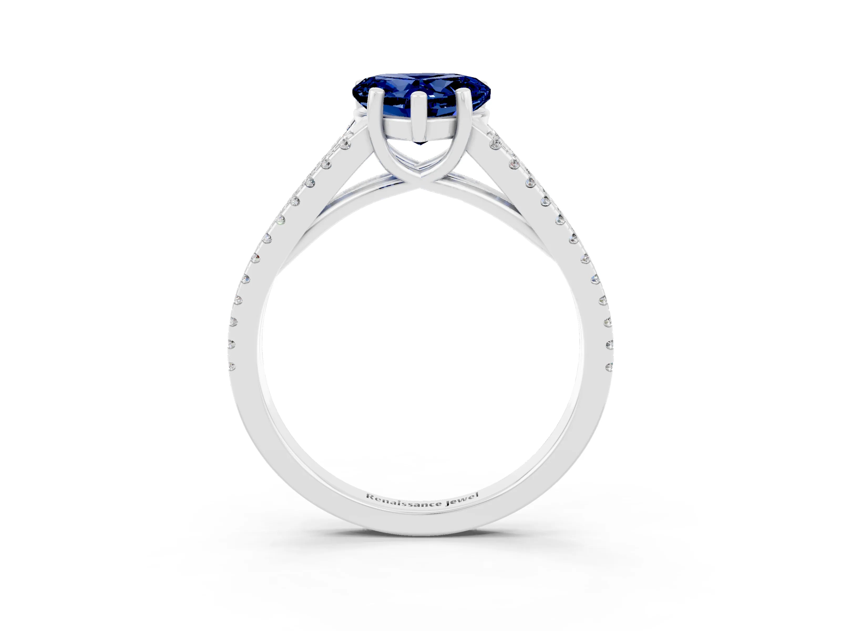 White gold Heart Cut Blue Sapphire Solitaire Engagement Ring with Split Shank Pavé Band_3