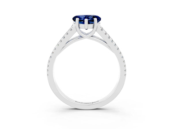 White gold Heart Cut Blue Sapphire Solitaire Engagement Ring with Split Shank Pavé Band