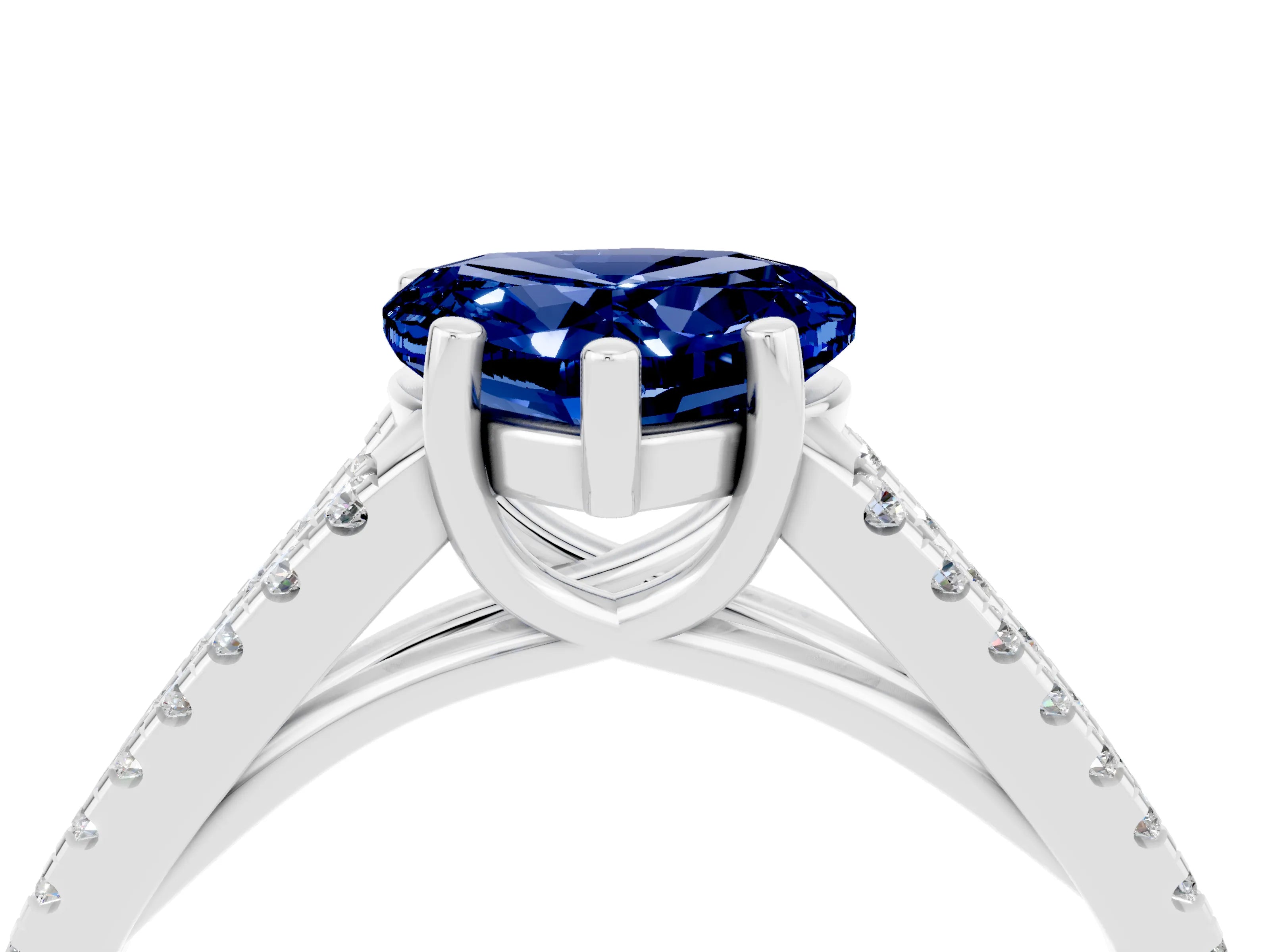 White gold Heart Cut Blue Sapphire Solitaire Engagement Ring with Split Shank Pavé Band_4