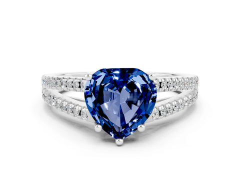 White gold Heart Cut Blue Sapphire Solitaire Engagement Ring with Split Shank Pavé Band