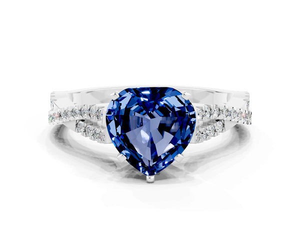 Platinum Heart Cut Blue Sapphire Solitaire Engagement Ring with Twisted Pavé Band and Four-Prong Setting