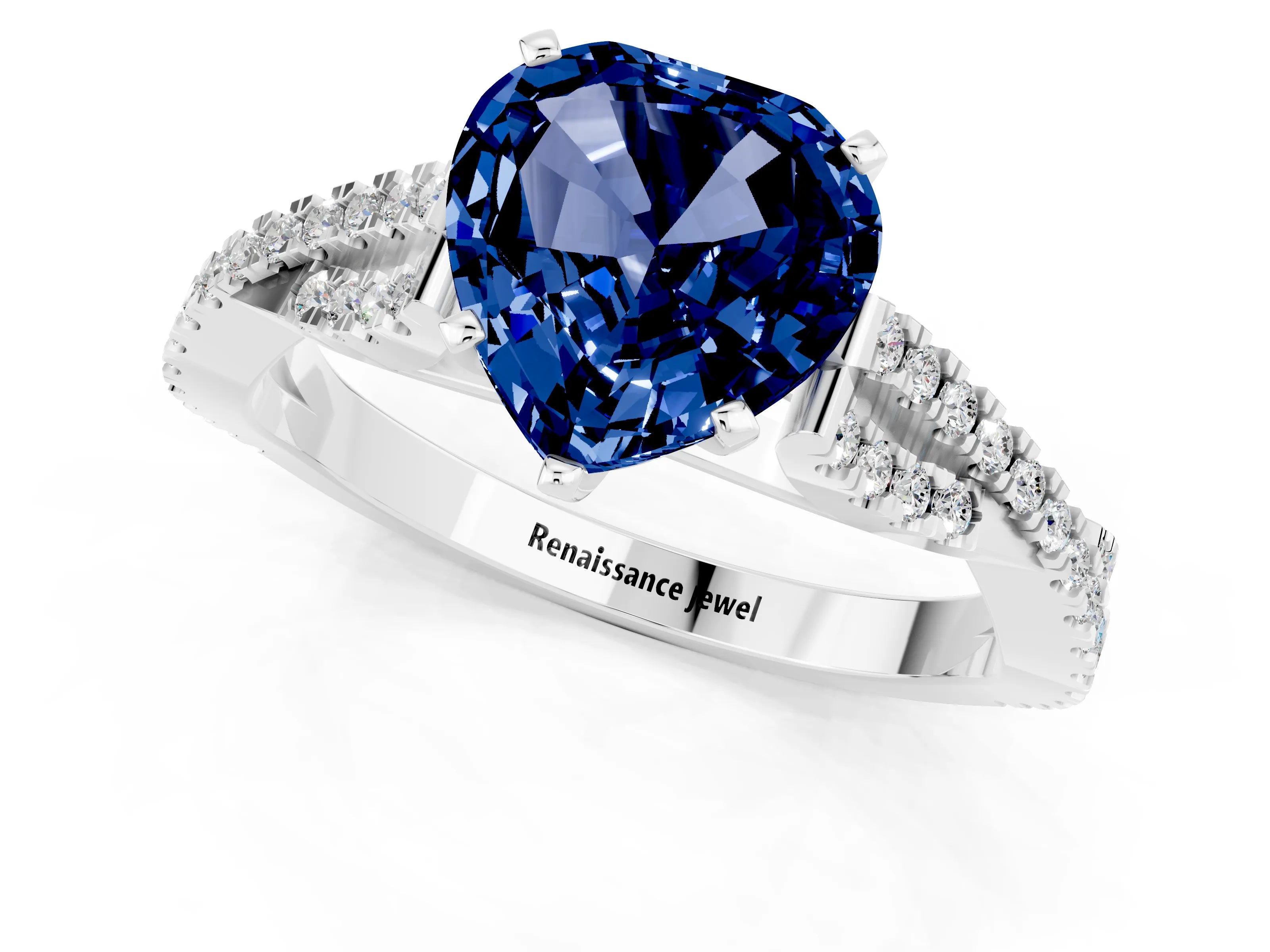 White gold Heart Cut Blue Sapphire Solitaire Engagement Ring with Twisted Pavé Band and Four-Prong Setting_13