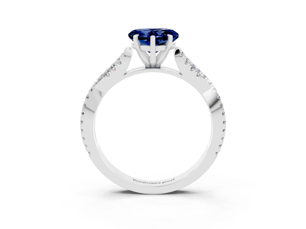 Platinum Heart Cut Blue Sapphire Solitaire Engagement Ring with Twisted Pavé Band and Four-Prong Setting