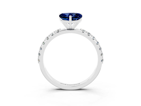 Platinum Heart Cut Blue Sapphire Solitaire Pavé Band with Four-Prong Setting