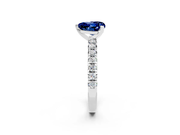 White gold Heart Cut Blue Sapphire Solitaire Pavé Engagement Ring with Round Band and Prong Setting
